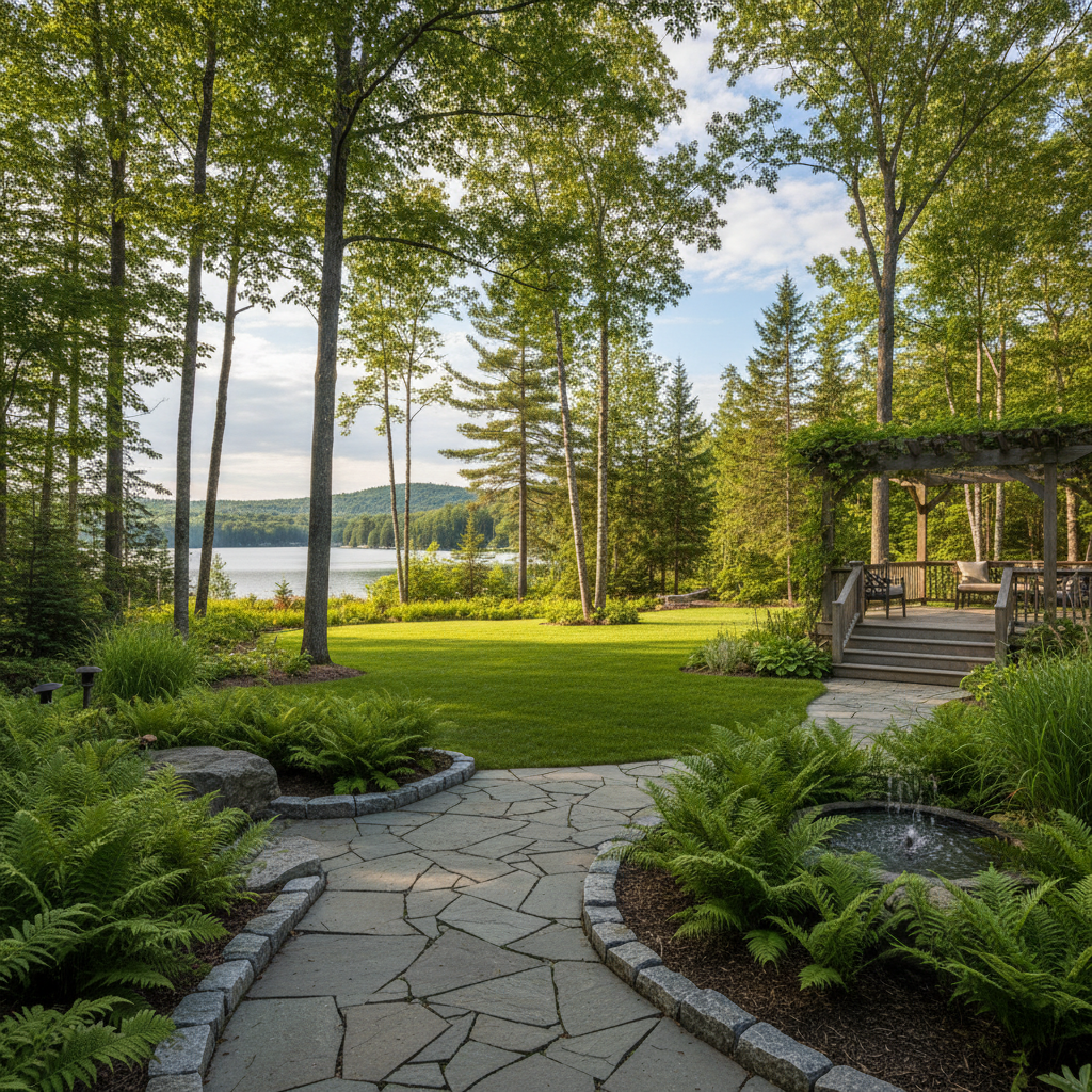 Lush garden landscape with stone pathway and vibrant plantings - Sylvatica Gardens, landscaping contractor in Huntsville, ON